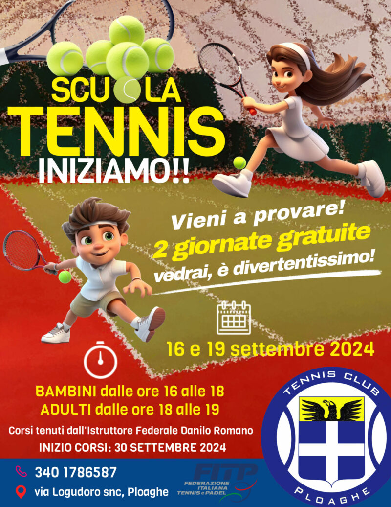 Scopri di più sull'articolo SCUOLA TENNIS 2024-2025 – GIORNATE DI PROVA GRATUITE IL 16 E 19 SETTEMBRE PER BAMBINI ED ADULTI